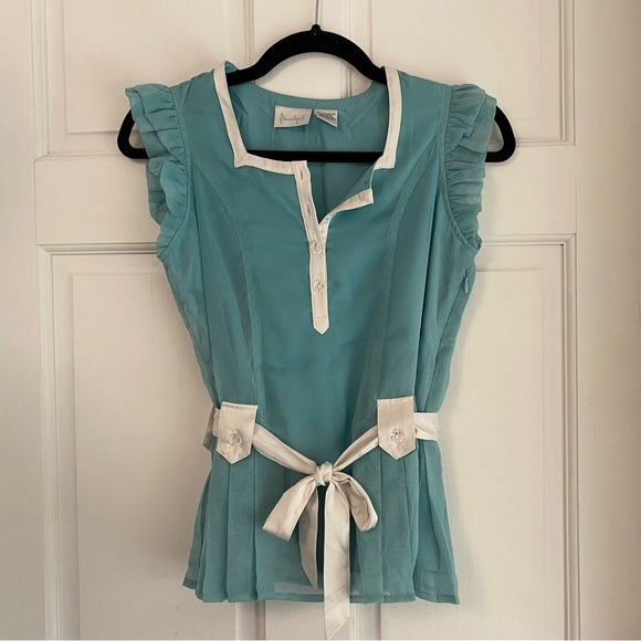 Soundgirl Tops - Soundgirl Blue Green Turquoise Y2K 90s Vintage Top w/ White Satin Tie - Size 0